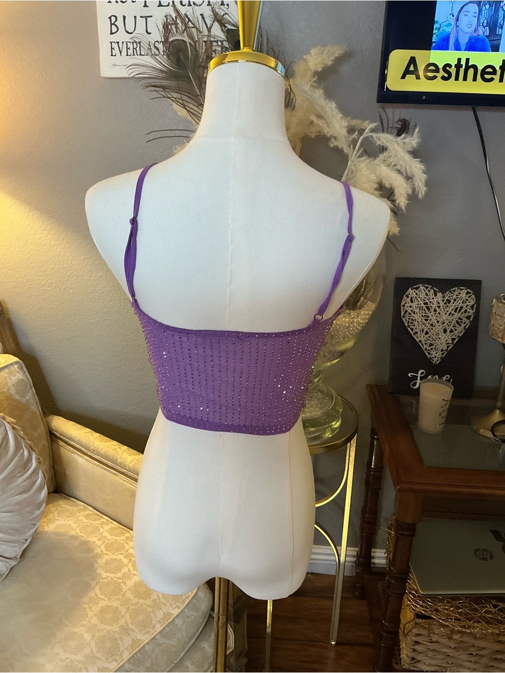 🧚‍♂️Y2K Lavender Rhinestone Asymmetrical Festival Handerchief Top Fairy Festival - Picture 4 of 10
